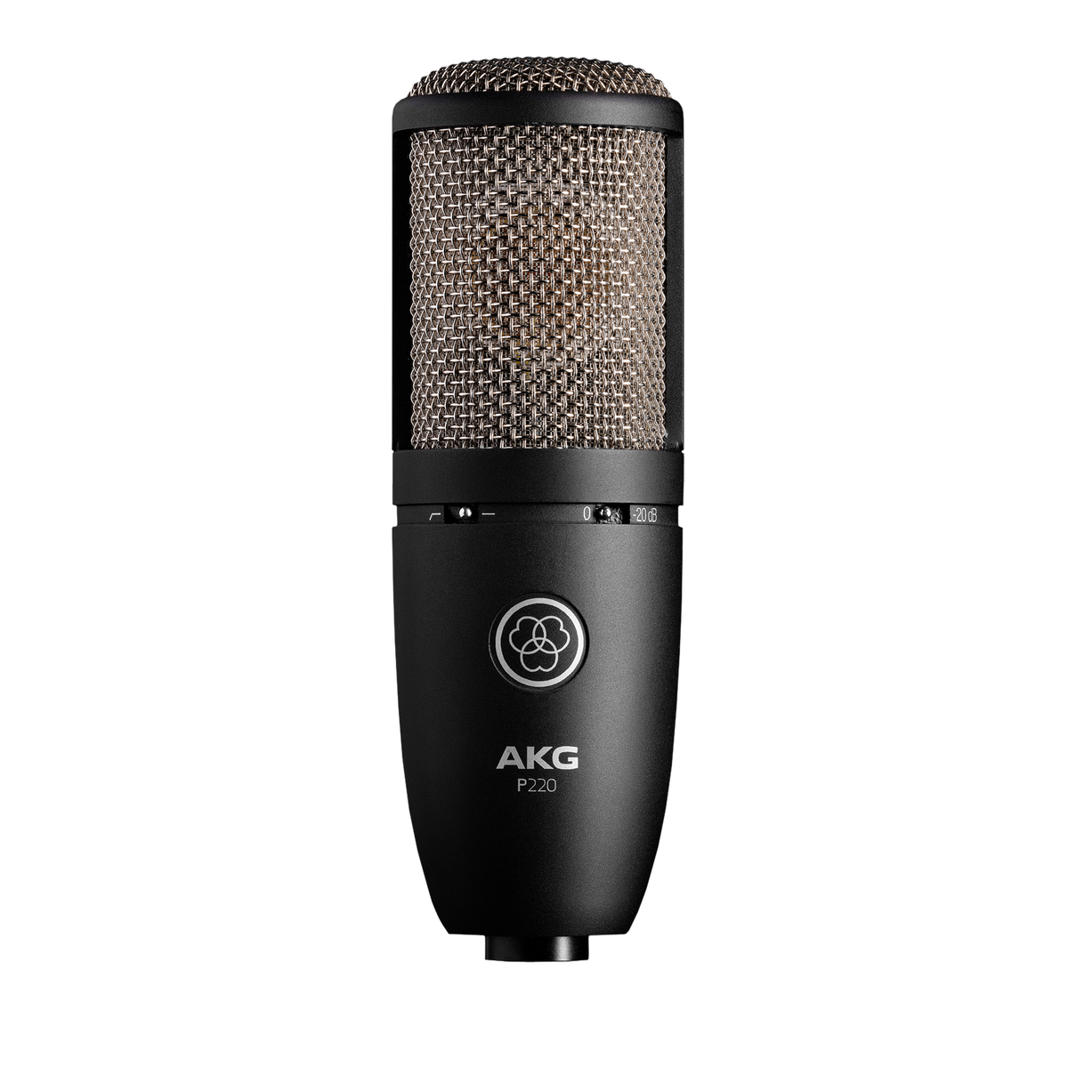 Micrófono de condensador AKG P220 negro, vista principal sobre fondo blanco