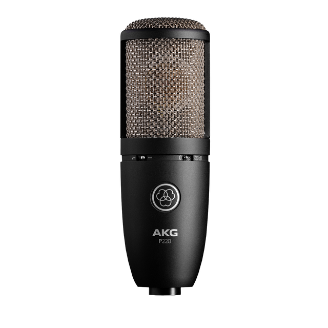Micrófono de condensador AKG P220 negro, vista principal sobre fondo blanco
