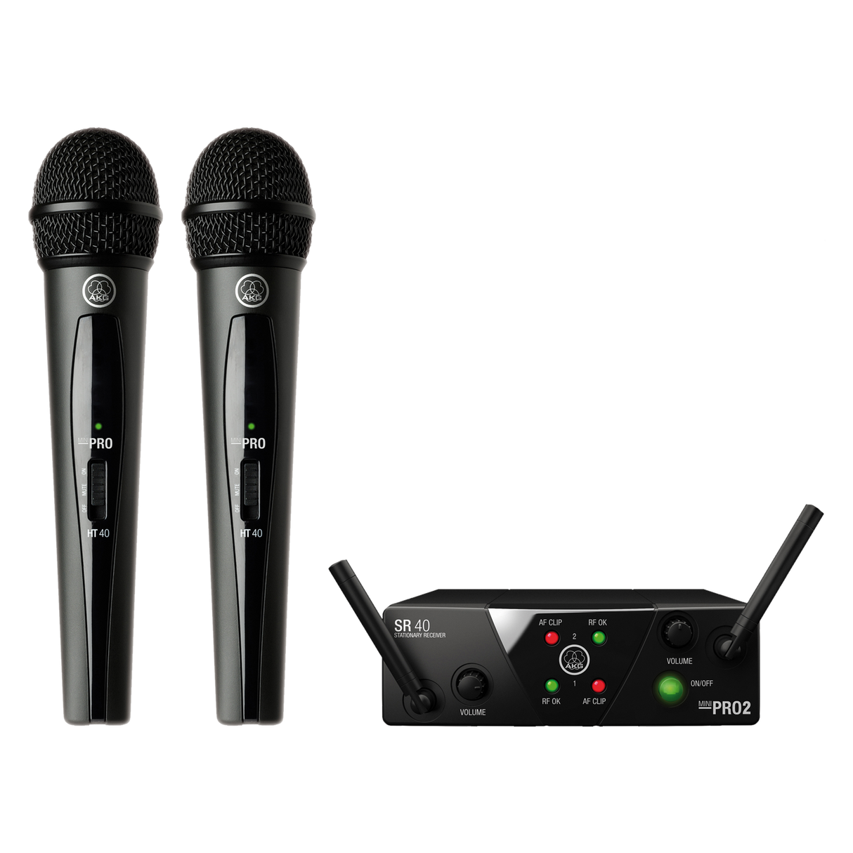 Micrófono inalámbrico AKG WMS40 Mini Dual Vocal Set, vista principal sobre fondo blanco