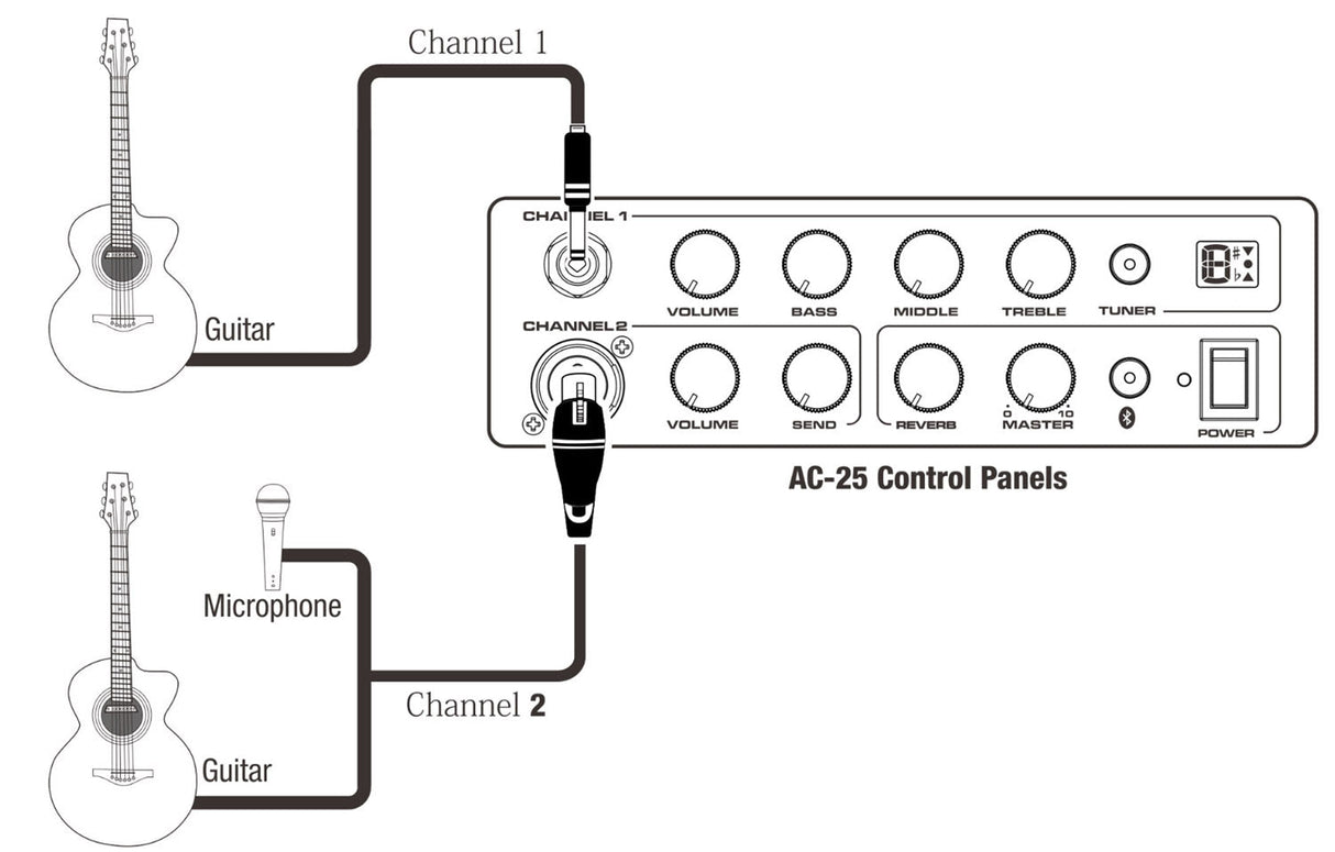 Panel y conexiones de los dos canales del amplificador NUX AC-25