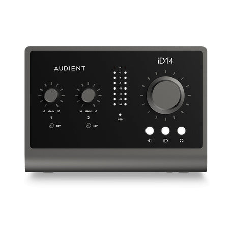 Interfaz de audio Audient iD14, vista frontal sobre fondo blanco