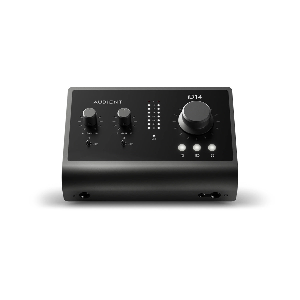 Interfaz de audio Audient iD14, vista superior sobre fondo blanco