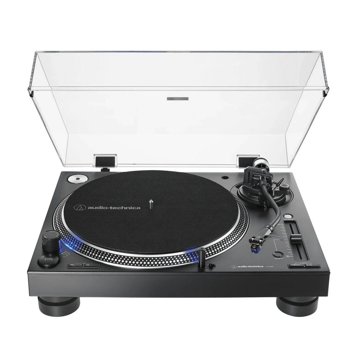 Tornamesa profesional DJ Audio-Technica AT-LP140XP negra con cubierta abierta, vista principal