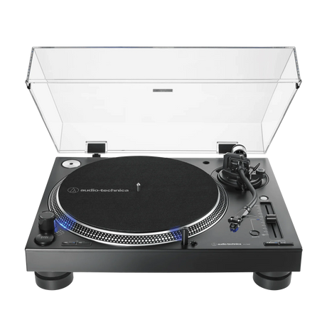 Tornamesa profesional DJ Audio-Technica AT-LP140XP negra con cubierta abierta, vista principal