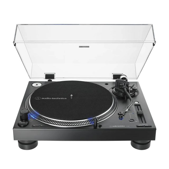 Tornamesa profesional DJ Audio-Technica AT-LP140XP negra con cubierta abierta, vista principal