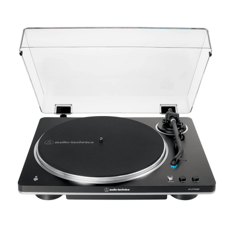 Tornamesa automática Bluetooth Audio-Technica AT-LP70XBT-BS negro/plata con cubierta abierta, vista principal