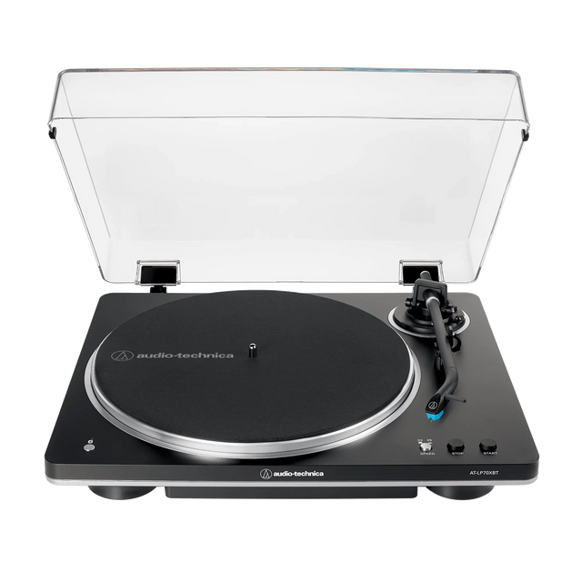 Tornamesa automática Bluetooth Audio-Technica AT-LP70XBT-BS negro/plata con cubierta abierta, vista principal