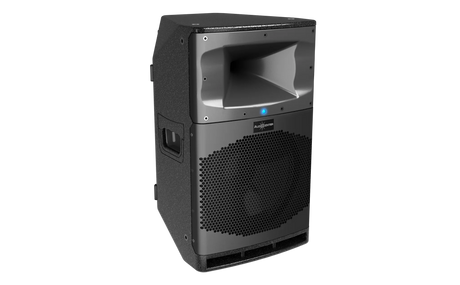 Altavoz activo Audiocenter SA315 negro de 15 pulgadas, vista frontal en ángulo