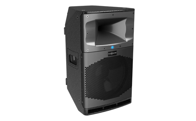 Altavoz activo Audiocenter SA315 negro de 15 pulgadas, vista frontal en ángulo