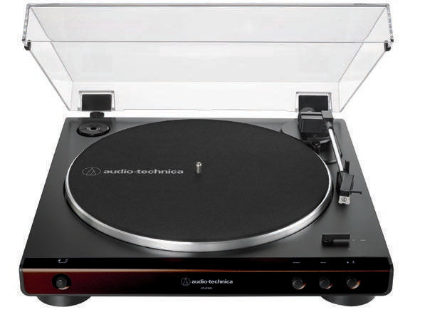 Tocadiscos Audio-Technica AT-LP60X-BW marrón con cubierta abierta