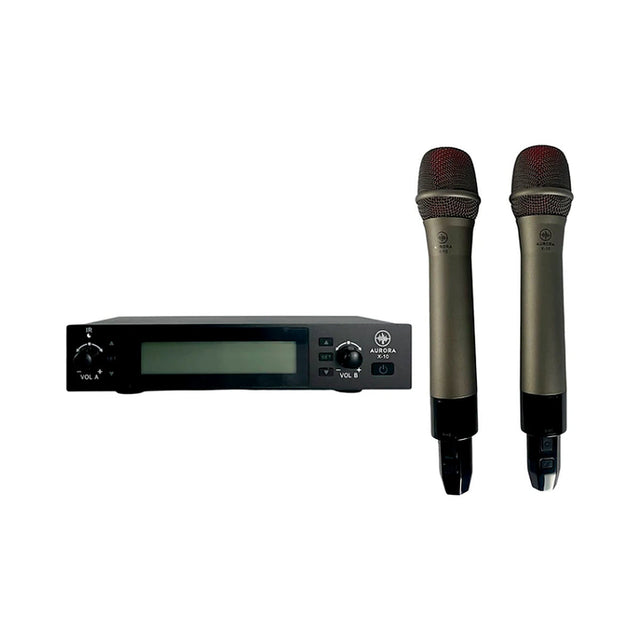 Sistema de micrófono inalámbrico Aurora X-10 con receptor y dos micrófonos sobre fondo blanco