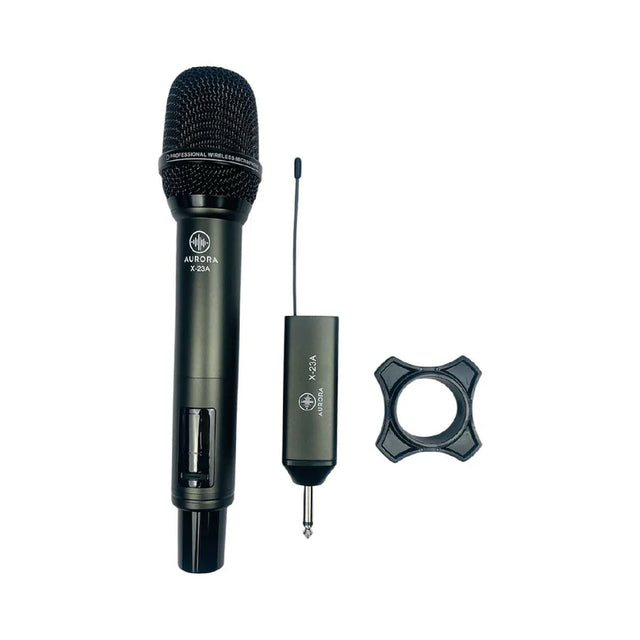 Sistema inalámbrico Aurora X-23A para micrófono con transmisor y receptor sobre fondo blanco
