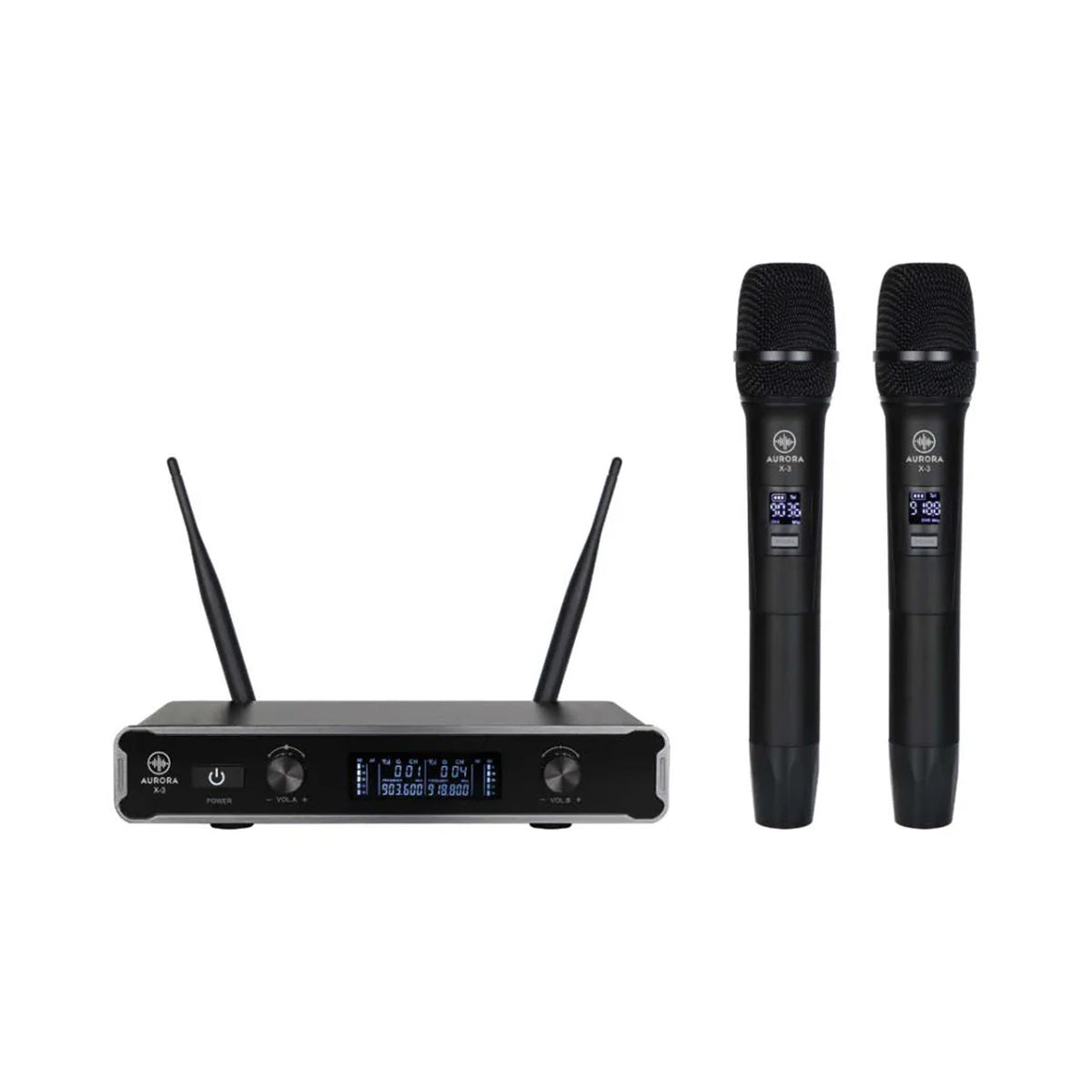 Sistema inalámbrico doble Aurora X-3 con receptor y dos micrófonos sobre fondo blanco