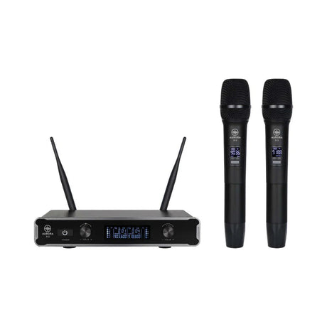 Sistema inalámbrico doble Aurora X-3 con receptor y dos micrófonos sobre fondo blanco