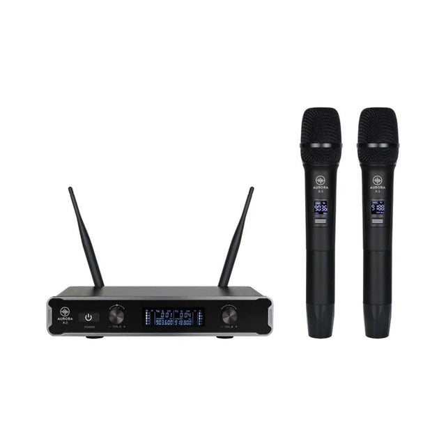 Sistema inalámbrico doble Aurora X-3 con receptor y dos micrófonos sobre fondo blanco