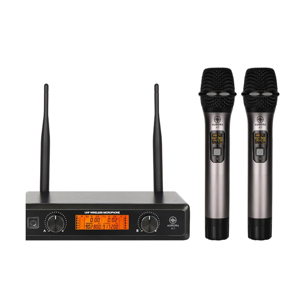 Sistema inalámbrico doble Aurora X-7 con receptor y dos micrófonos sobre fondo blanco