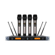Sistema inalámbrico Aurora X-7-4 con receptor y cuatro micrófonos sobre fondo blanco