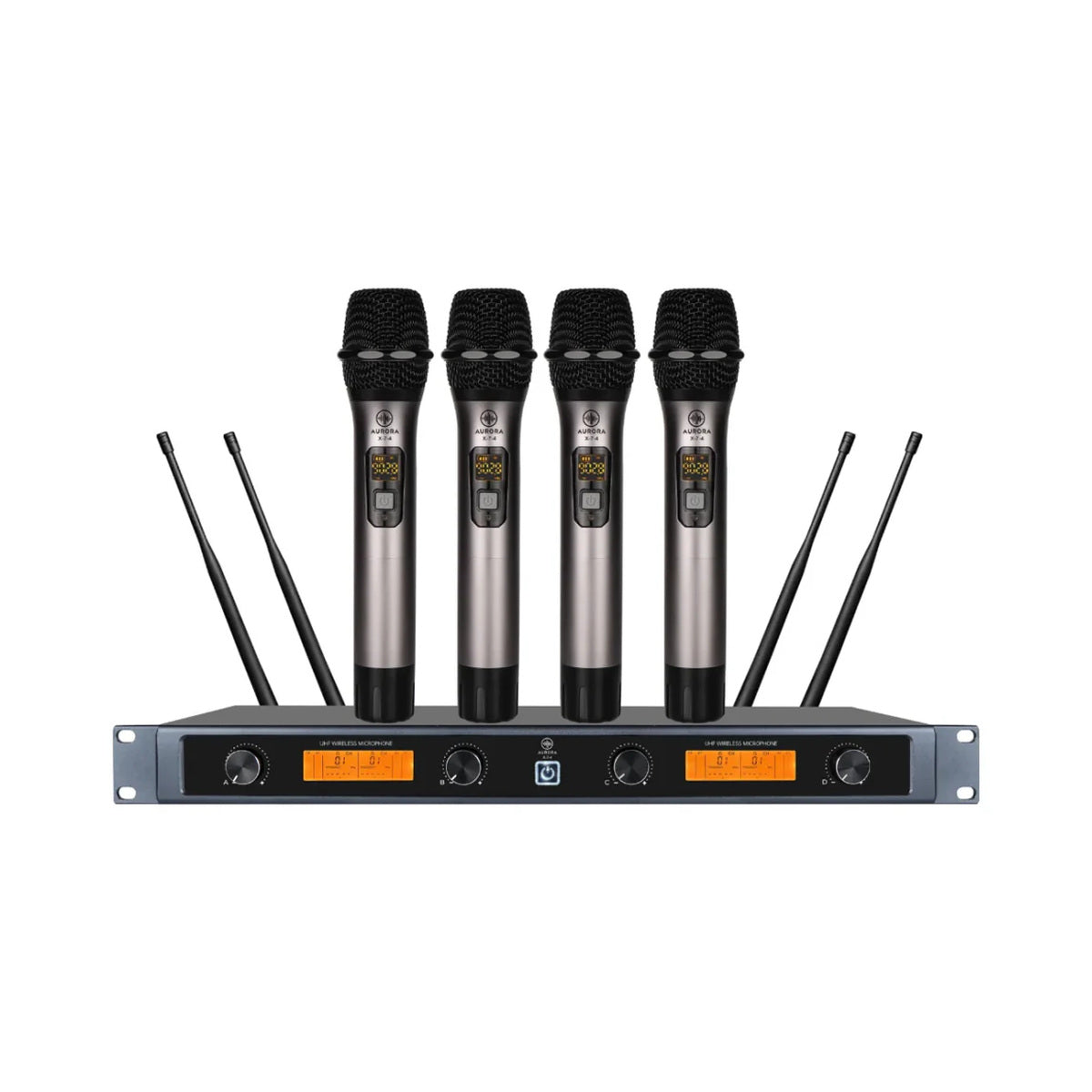 Sistema inalámbrico Aurora X-7-4 con receptor y cuatro micrófonos sobre fondo blanco