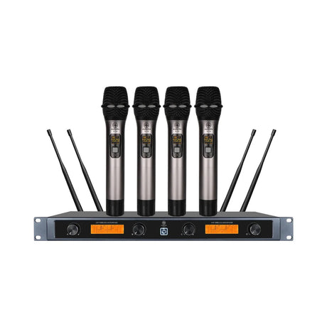 Sistema inalámbrico Aurora X-7-4 con receptor y cuatro micrófonos sobre fondo blanco
