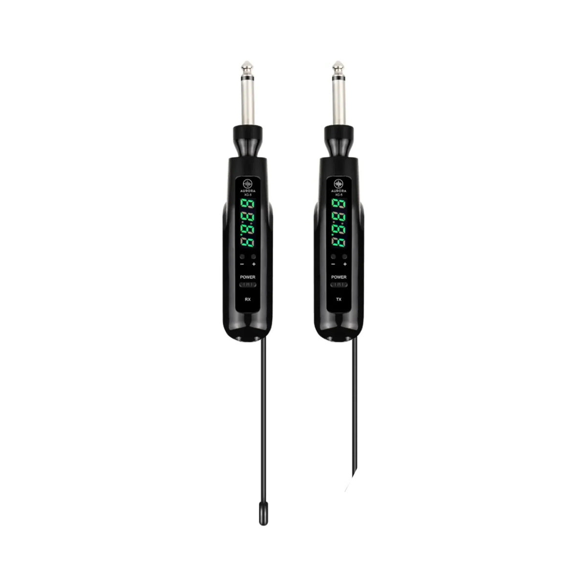 Sistema inalámbrico para guitarra Aurora XG-5 con transmisor y receptor sobre fondo blanco