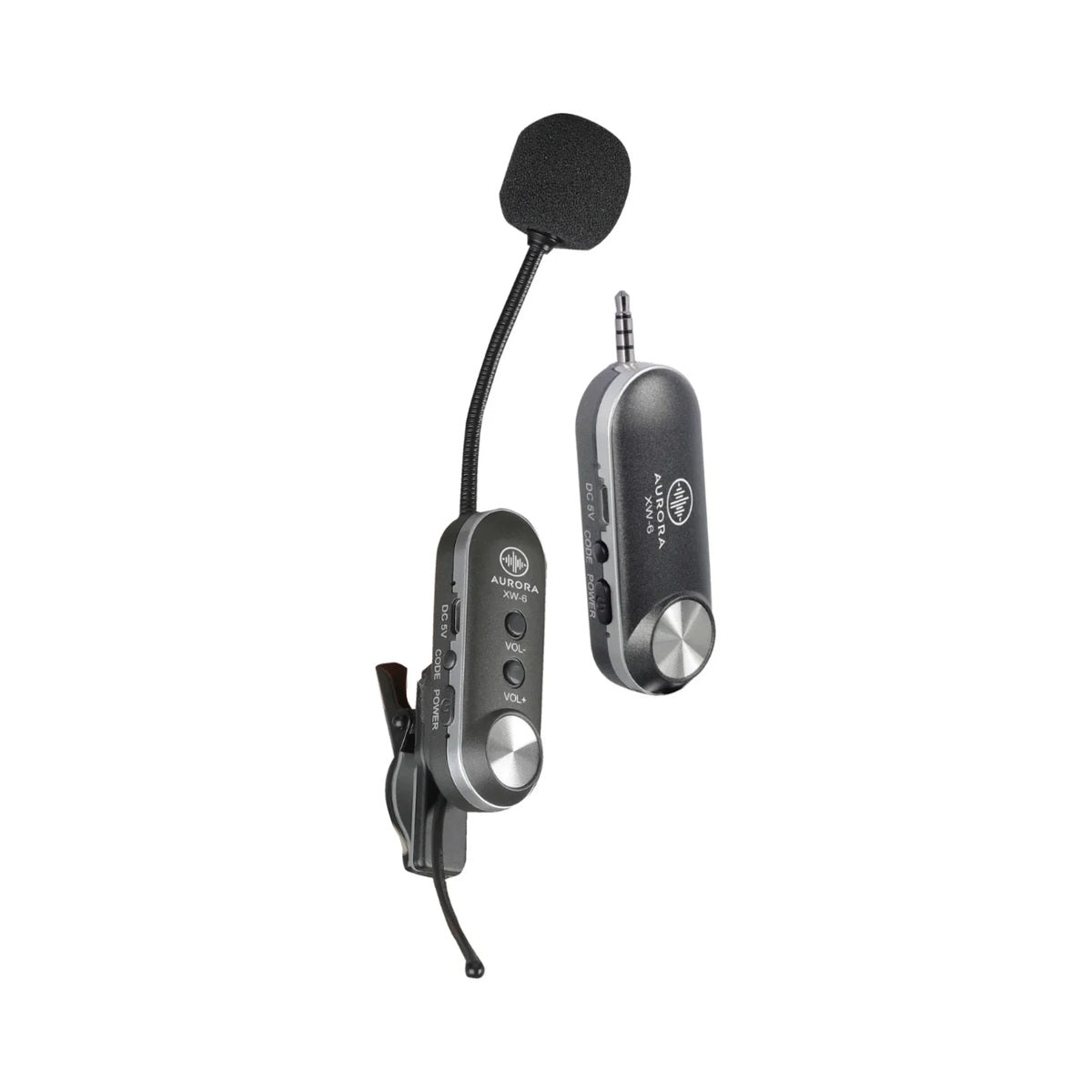 Sistema inalámbrico Aurora XW-6 para saxofón con transmisor, receptor y micrófono sobre fondo blanco
