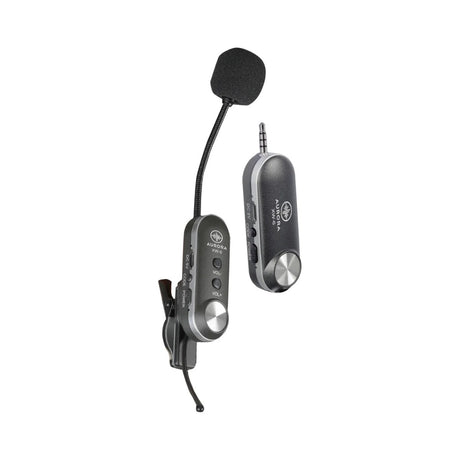 Sistema inalámbrico Aurora XW-6 para saxofón con transmisor, receptor y micrófono sobre fondo blanco