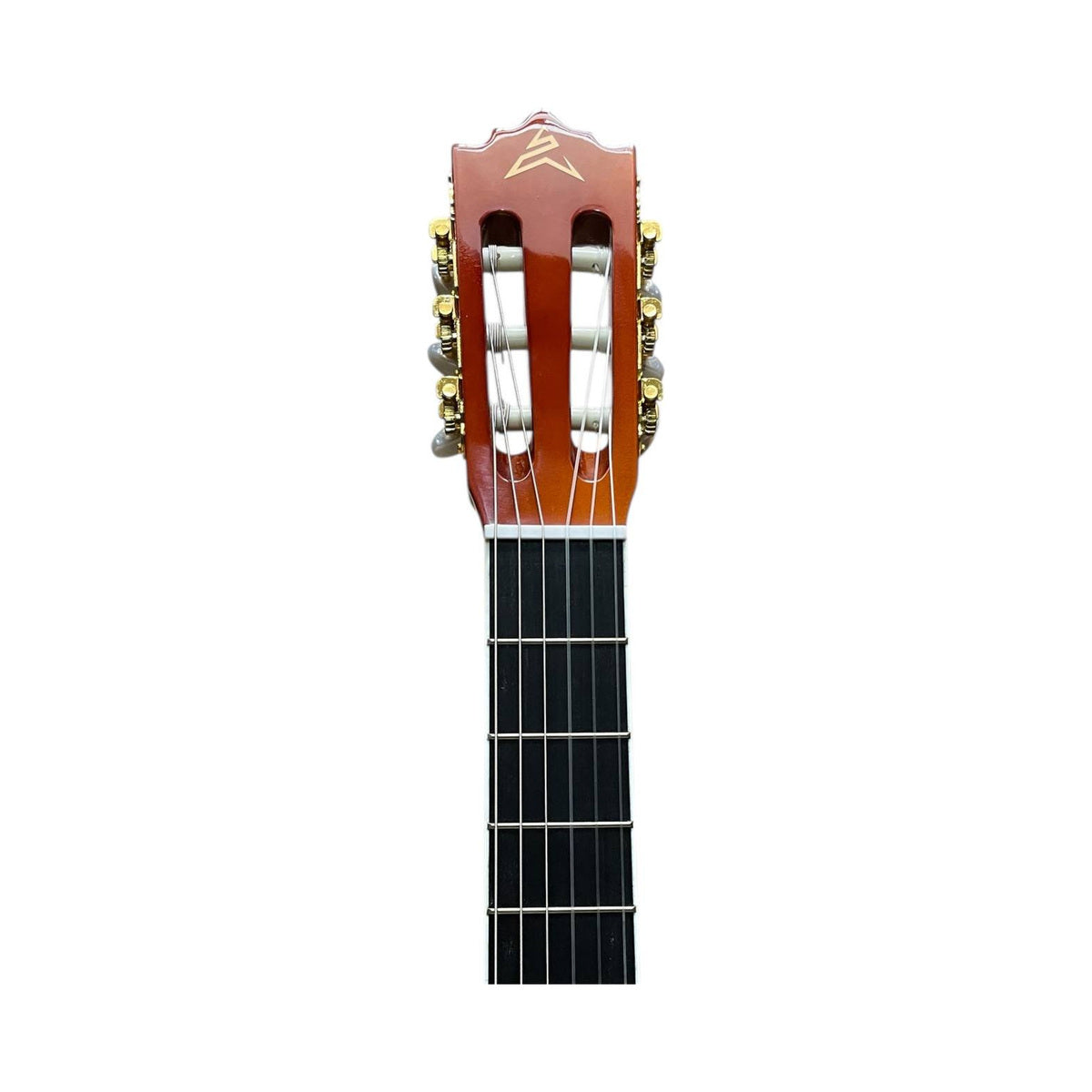 Detalle del clavijero de la guitarra electroacústica Ayson CL3920E YL naranja brillante sobre fondo blanco