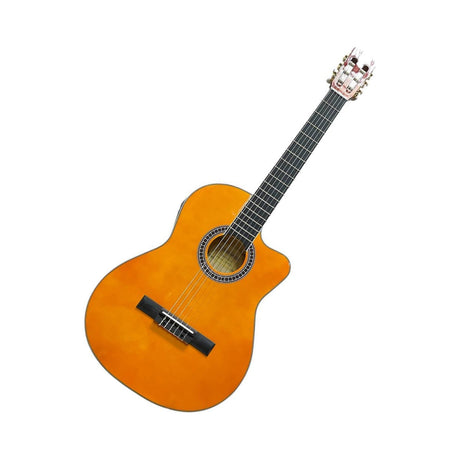 Guitarra electroacústica Ayson CL3920E YL naranja brillante en vista diagonal sobre fondo blanco