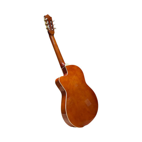 Vista trasera de la guitarra electroacústica Ayson CL3920E YL naranja brillante sobre fondo blanco