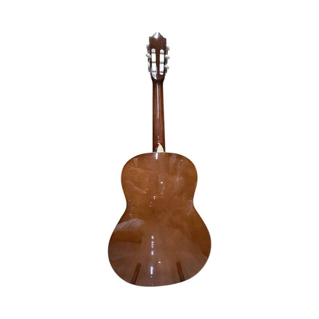 Vista trasera de la guitarra acústica Ayson CL3930 naranja brillante sobre fondo blanco