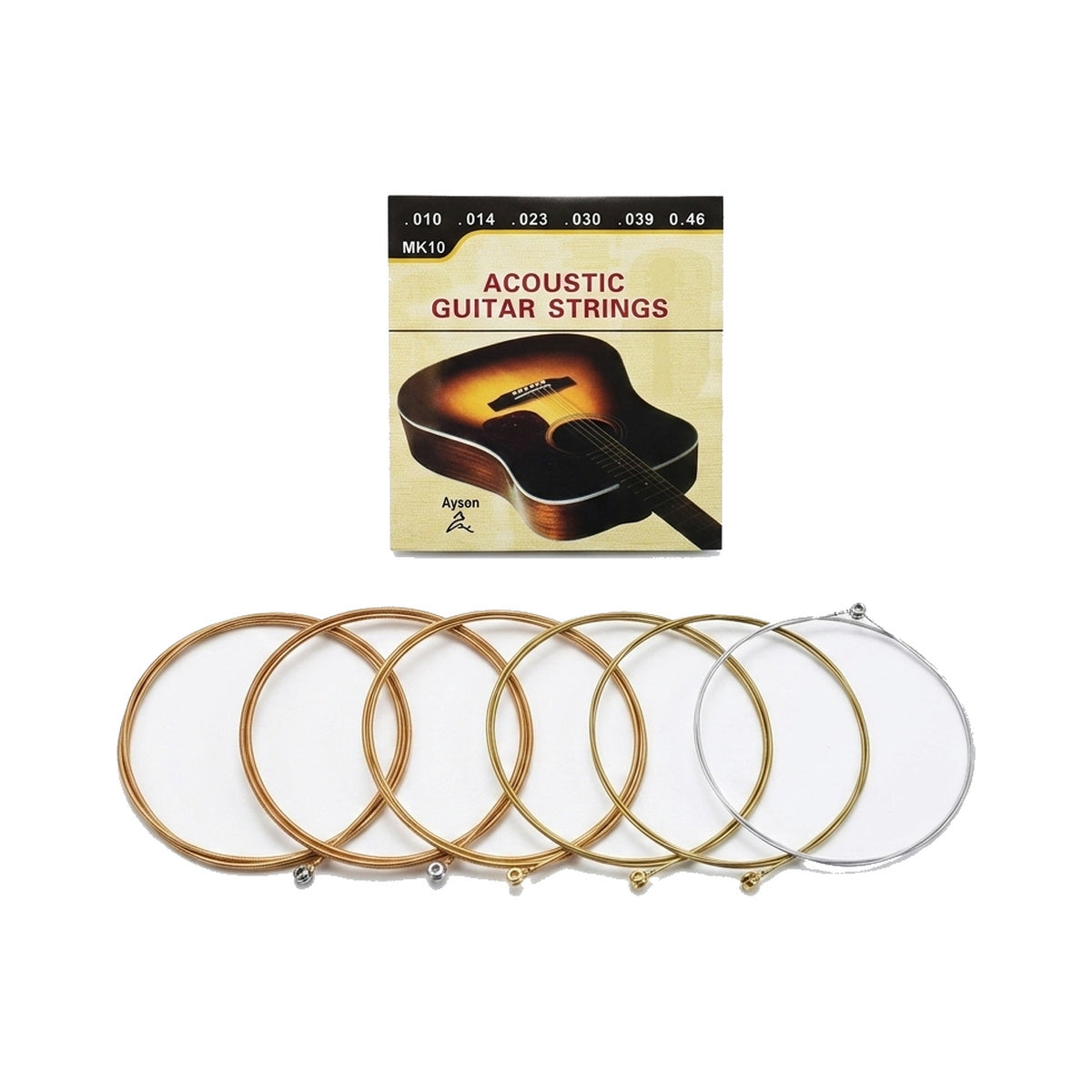 Encordado de acero Ayson MK10 para guitarra acústica con seis cuerdas sobre fondo blanco