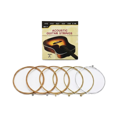 Encordado de acero Ayson MK10 para guitarra acústica con seis cuerdas sobre fondo blanco