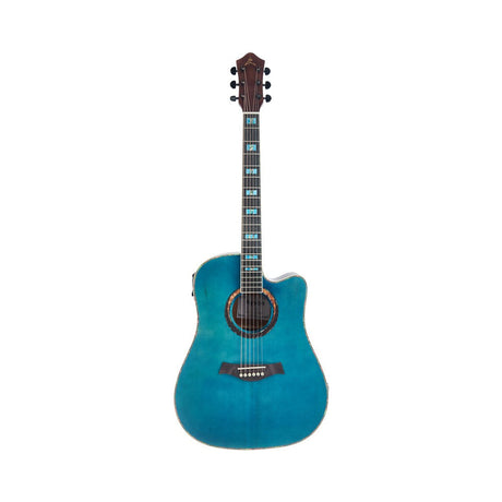 Guitarra electroacústica Ayson BL380 azul completa sobre fondo blanco