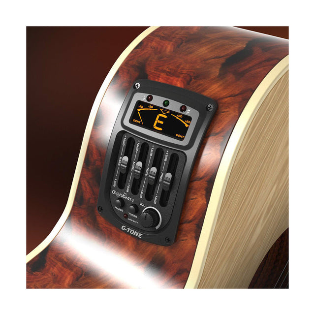 Preamplificador Cherub GS-3 instalado en guitarra acústica, vista frontal