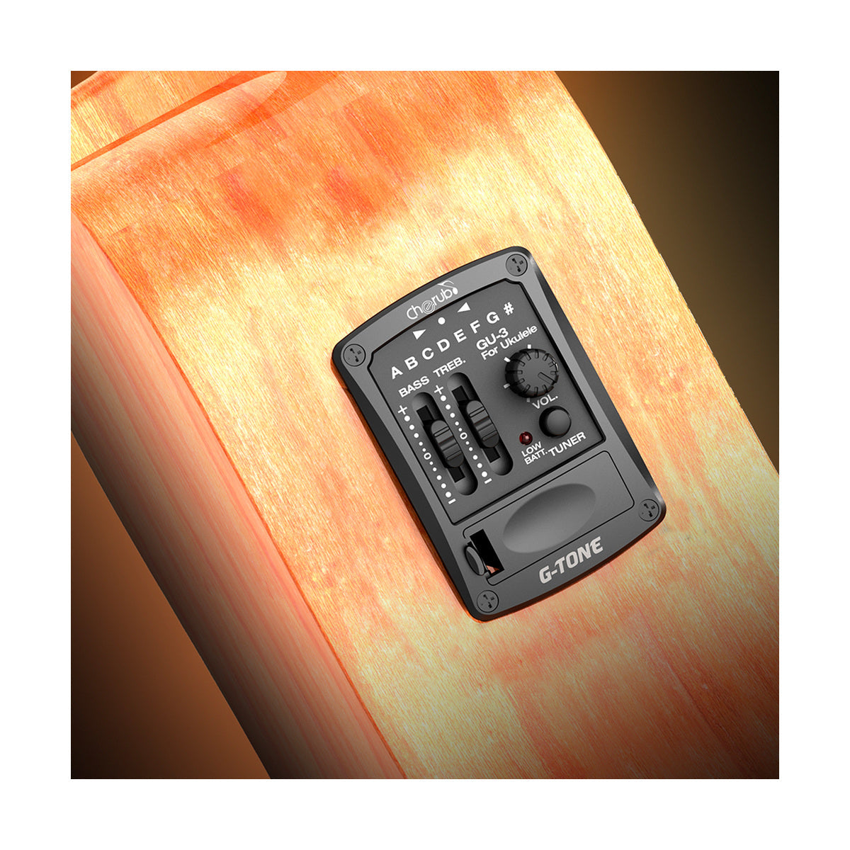 Preamplificador Cherub GU-3 instalado en ukulele, vista diagonal