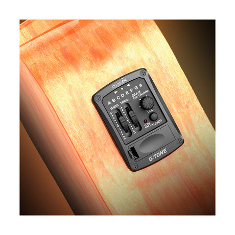 Preamplificador Cherub GU-3 instalado en ukulele, vista diagonal