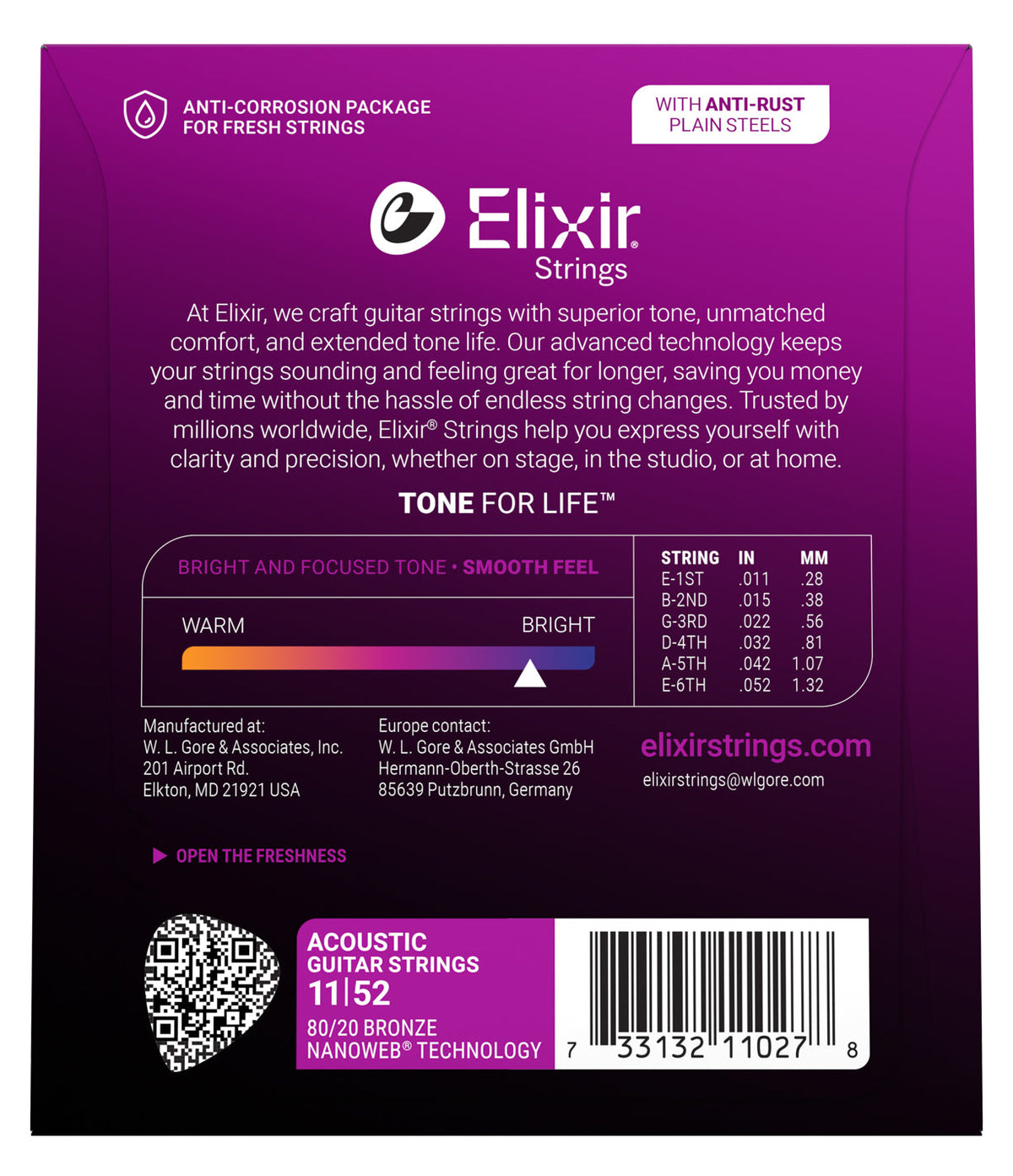Empaque posterior de cuerdas Elixir 11027, calibres y especificaciones oficiales 11-52