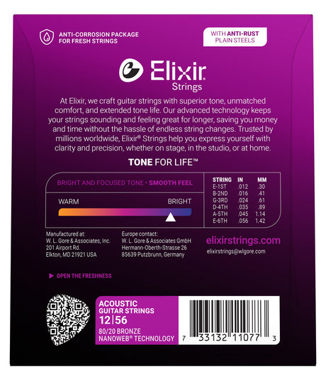 Empaque posterior de cuerdas Elixir 11077, calibres y especificaciones oficiales 12-56