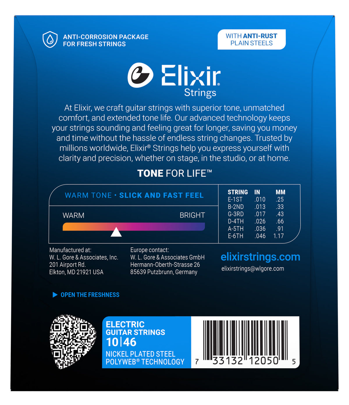 Empaque posterior de cuerdas Elixir 12050, calibres y especificaciones oficiales 10-46