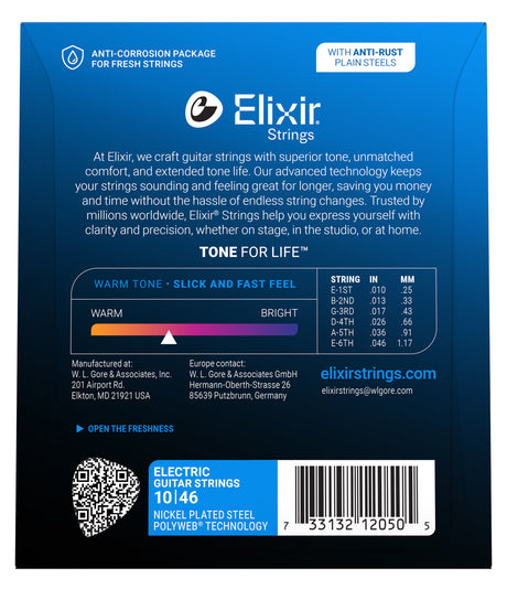 Empaque posterior de cuerdas Elixir 12050, calibres y especificaciones oficiales 10-46
