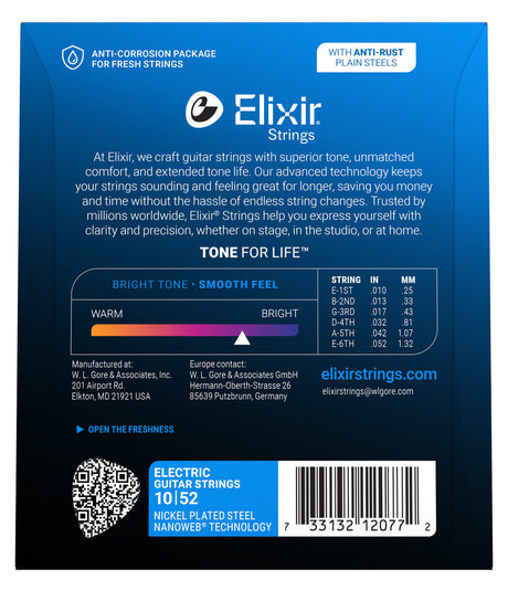 Empaque posterior de cuerdas Elixir 12077, calibres y especificaciones oficiales 10-52