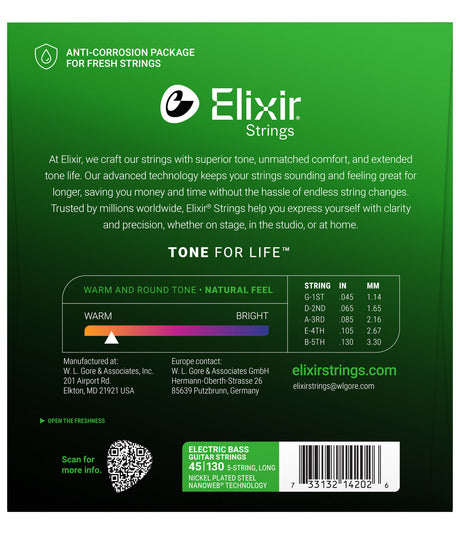 Empaque posterior de cuerdas Elixir 14202, calibres y especificaciones oficiales 45-130