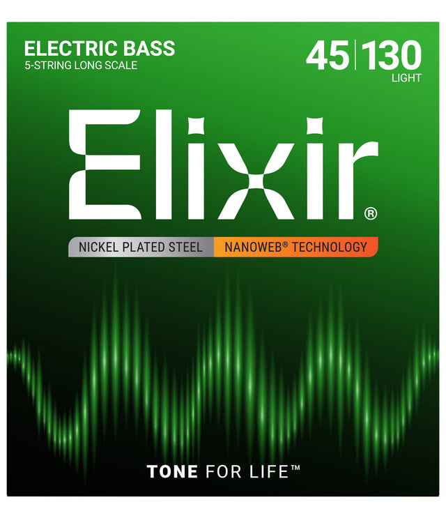 Empaque frontal de cuerdas Elixir 14202 para bajo eléctrico, Nickel-Plated Steel NANOWEB, Light Long Scale 45-130