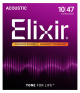 Empaque frontal de cuerdas Elixir 16002 para guitarra acústica, Phosphor Bronze NANOWEB, Extra Light 10-47