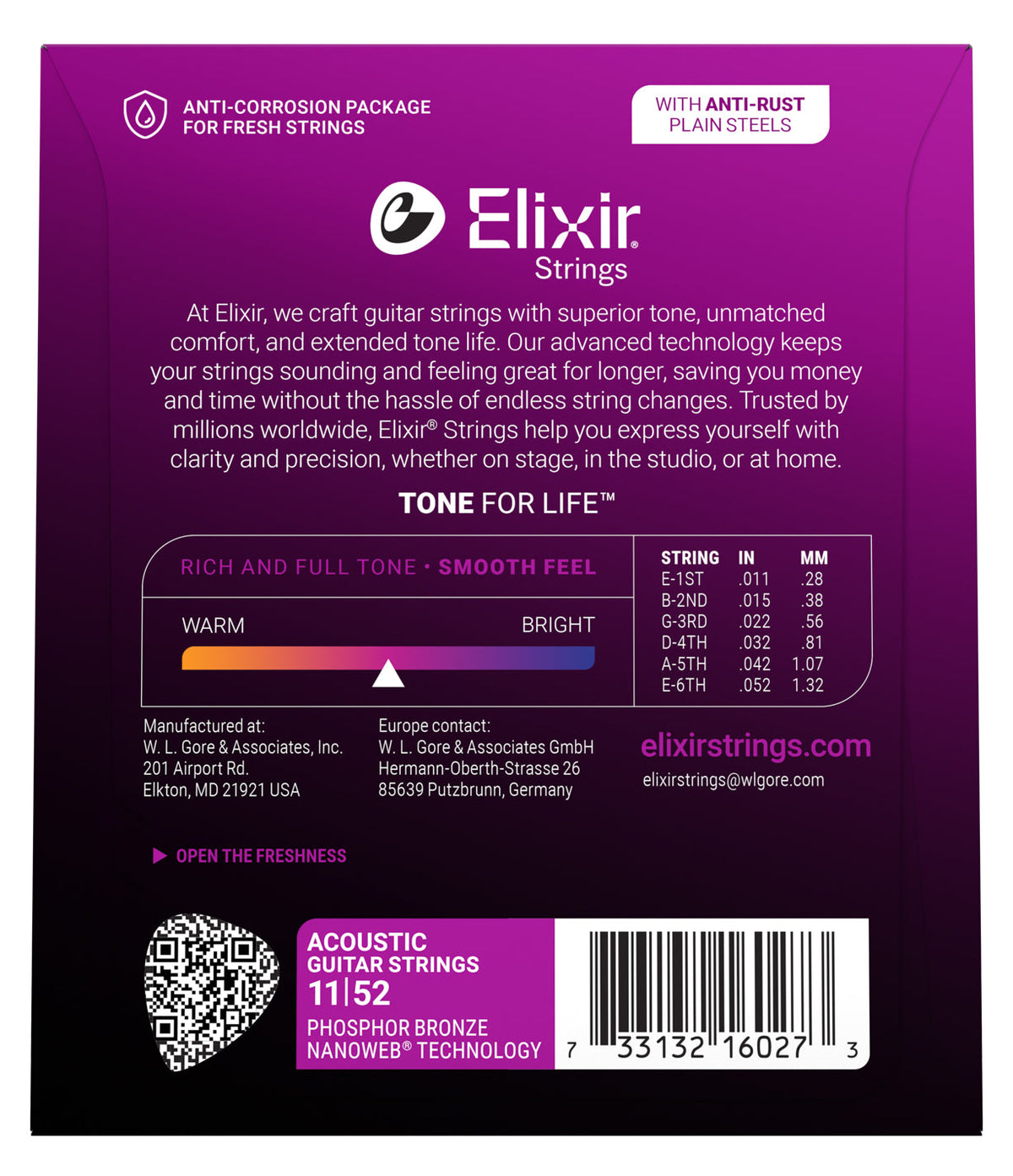 Empaque posterior de cuerdas Elixir 16027, calibres y especificaciones oficiales 11-52