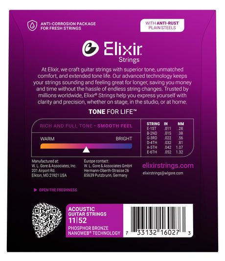 Empaque posterior de cuerdas Elixir 16027, calibres y especificaciones oficiales 11-52