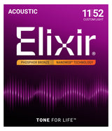 Empaque frontal de cuerdas Elixir 16027 para guitarra acústica, Phosphor Bronze NANOWEB, Custom Light 11-52