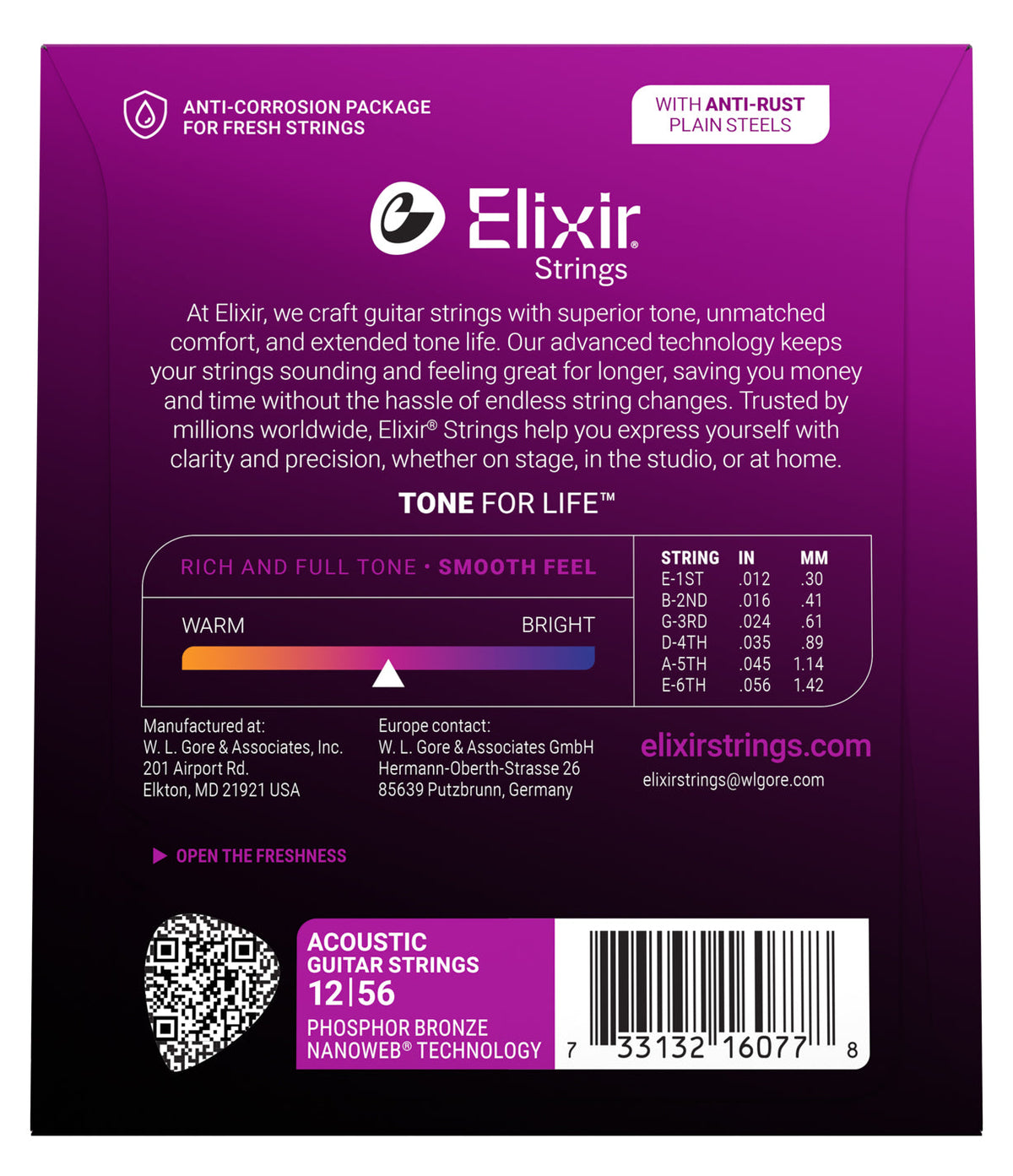 Empaque posterior de cuerdas Elixir 16077, calibres y especificaciones oficiales 12-56