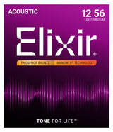 Empaque frontal de cuerdas Elixir 16077 para guitarra acústica, Phosphor Bronze NANOWEB, Light/Medium 12-56