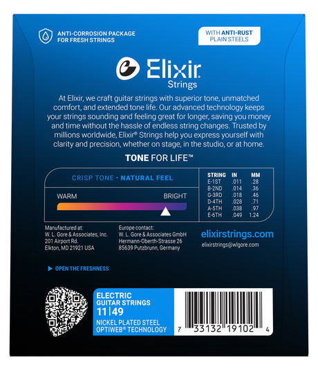 Empaque posterior de cuerdas Elixir 19102, calibres y especificaciones oficiales 11-49